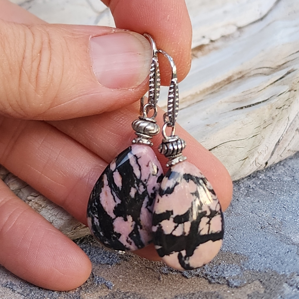 Designer Jewelry Natural Rhodonite Stone Silver plated Artisan Earrings